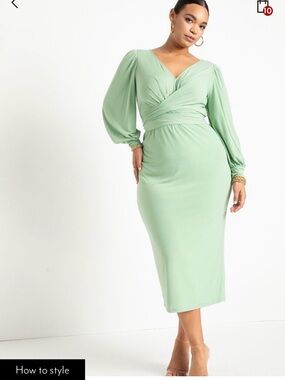 ELOQUII Elegant Sage Wrap Midi Dress with Long Puff Sleeves